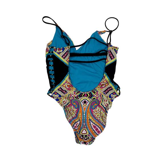 Trina Turk Nepal Printed One Piece Swimsuit Beaded Cut Out Side Strappy Back 10 - Picture 4 of 8